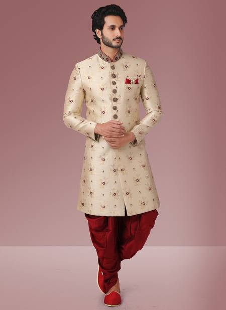 Maroon Colour Heavy Wedding Wear Jacquard Banarasi Latest Indo Western Mens Collection 1112